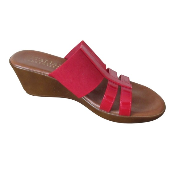 Italian Shoemakers Red Wedge Sandals Size 9 Slip On Stretch Summer Classic Italy - Picture 1 of 9